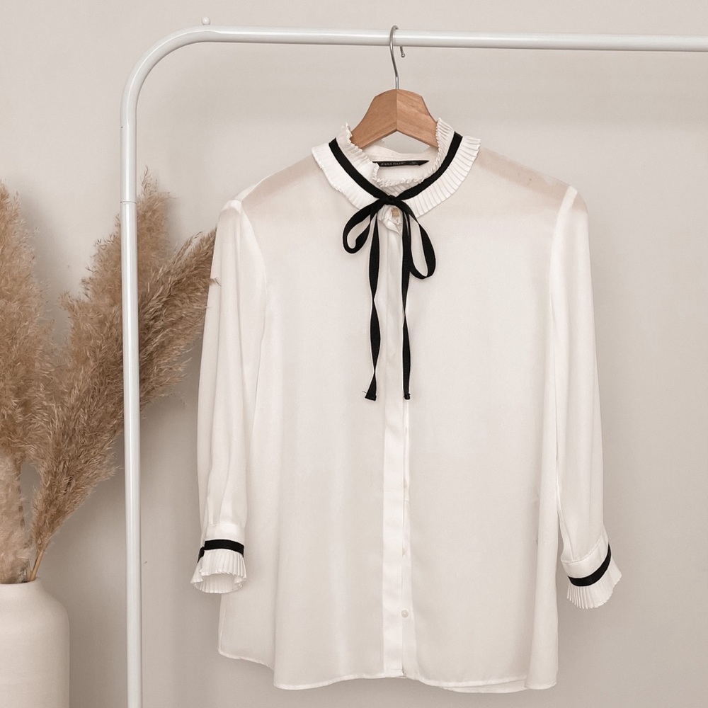 White Ivory Zara Blouse with adjustable collar tie bow.